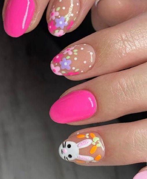 Hot pink Easter nails with colorful flowers and cute bunny with carrots